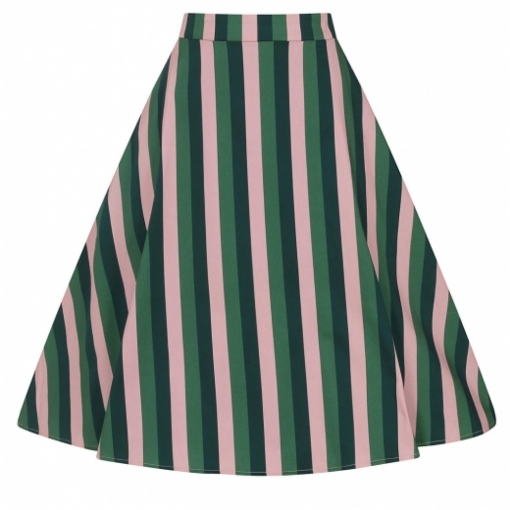 Collectif Green and Pink Striped Skater Skirt